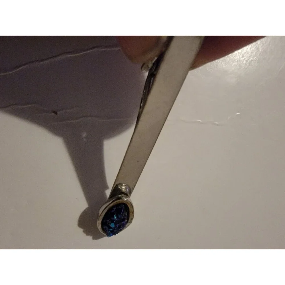 Vintage Silver Tone Horseshoe Tie Clip Blue Crystal Gemstone